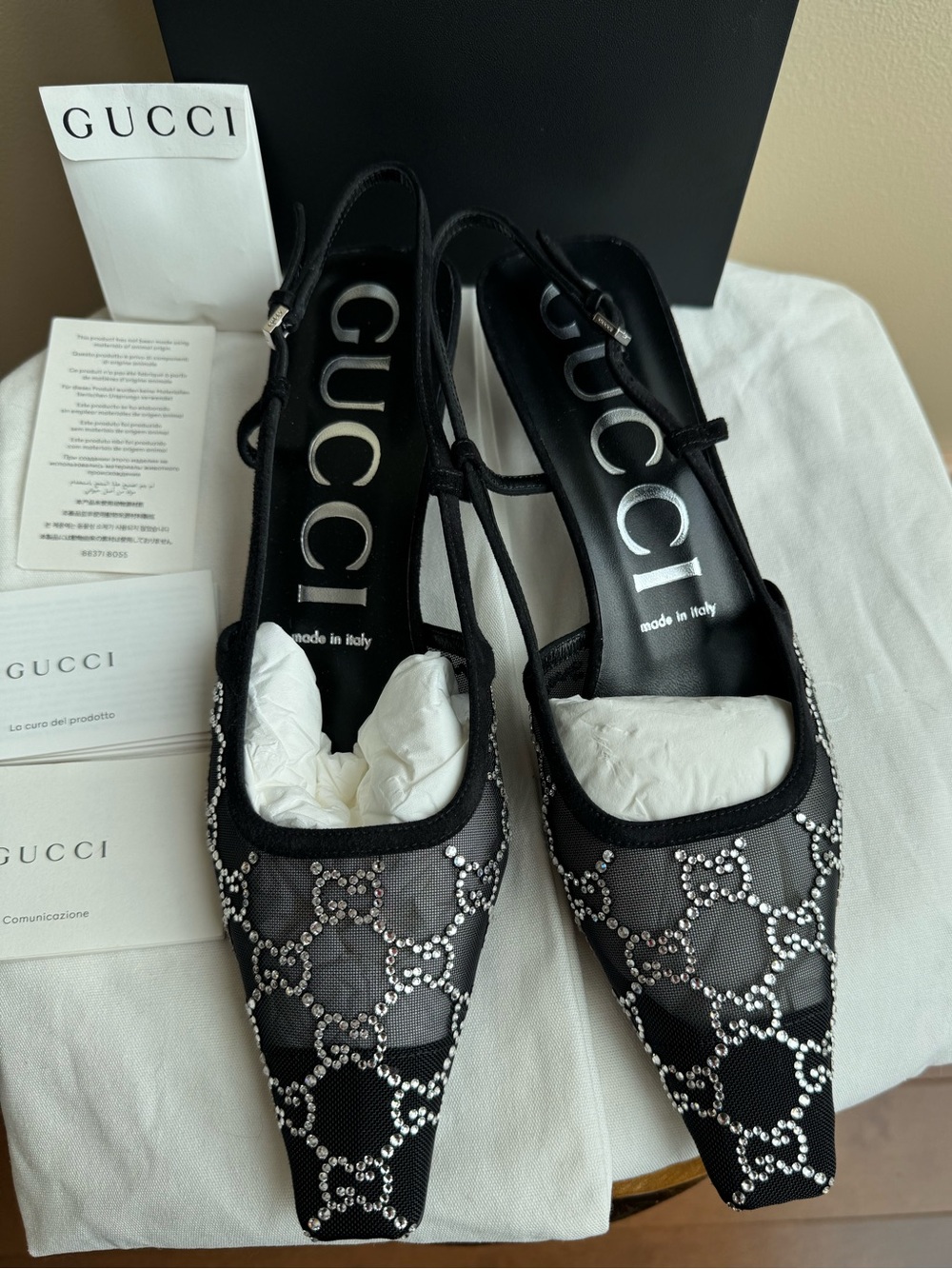 New With Tags Gucci GG Crystal Slingback Pumps Black Mesh Suede, 38.5 (US 8-8.5)